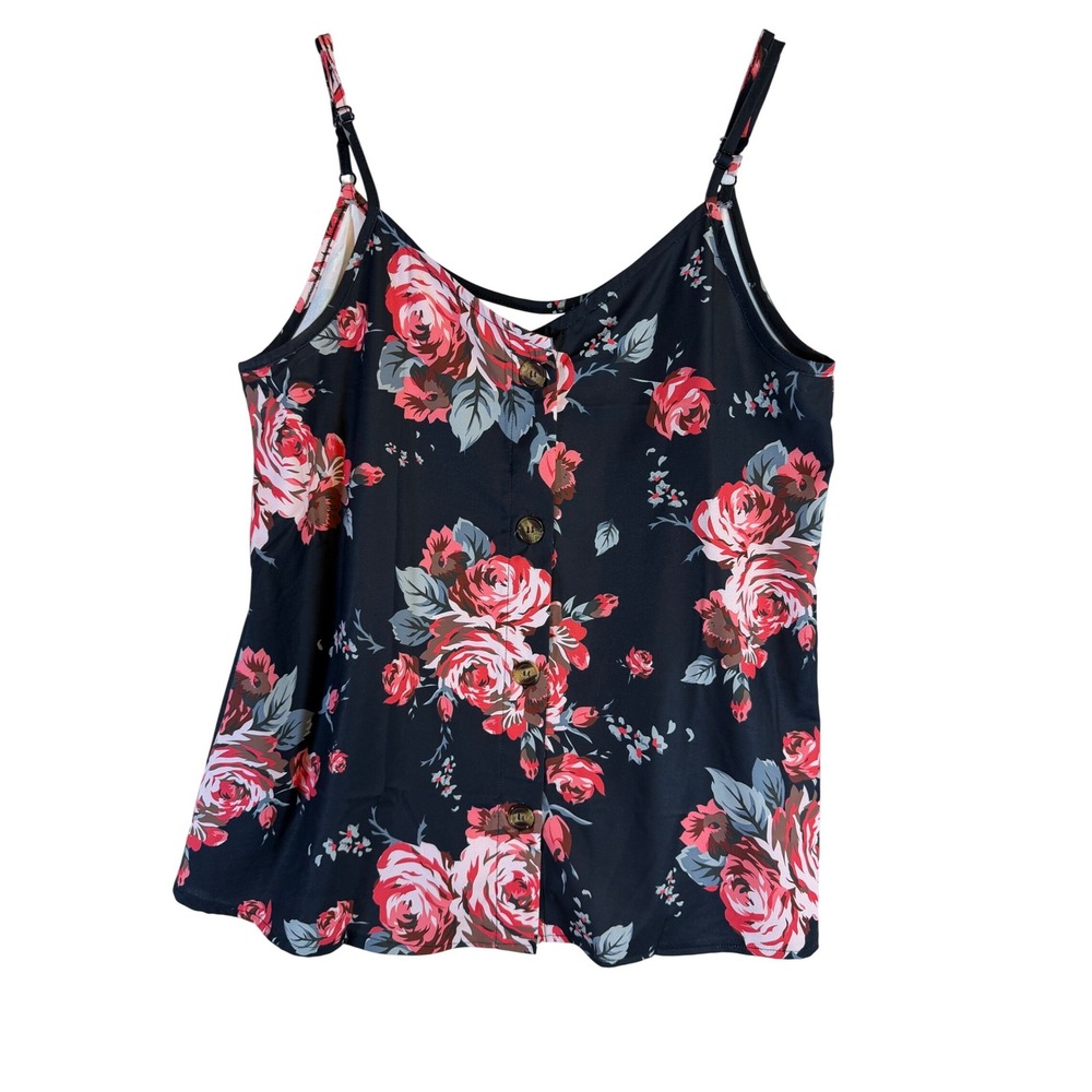 Floral Camisole Top Black Red Rose Print V-Neck Adjustable Straps Size M